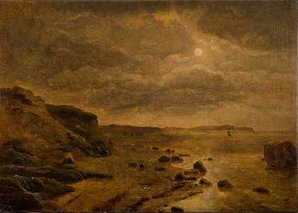 月光日德兰岛西海岸博夫杰格`Moonlight. The west coast of Jutland at Bovbjerg (1843) by Dankvart Dreyer