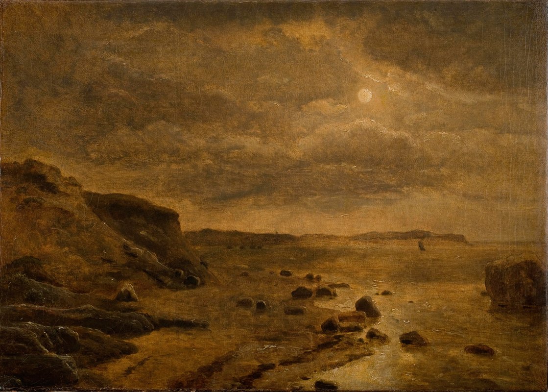月光日德兰岛西海岸博夫杰格`Moonlight. The west coast of Jutland at Bovbjerg (1843) by Dankvart Dreyer
