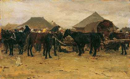 索尔诺克一世的马市场`Pferdemarkt in Szolnok I (1870~1880) by August von Pettenkofen