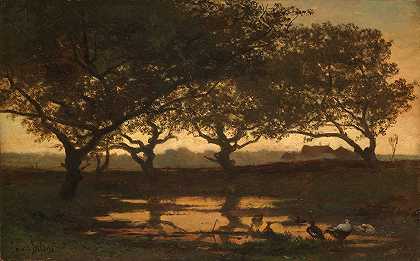 日落时的林地池塘`Woodland Pond at Sunset (c. 1862) by Gerard Bilders