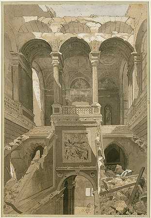 废墟市政厅，县长公寓的楼梯。`Ruines de lhôtel de Ville, escalier des appartements du préfet. (1871) by Charles-Joseph Beauverie