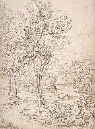 带有建筑和河流的古典景观`Classical Landscape with a Building and a River (17th–early 18th century) by Abraham Genoels II