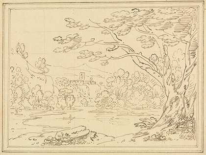 绿树成荫`Landscape with Trees by a Lake (1780~1789) by a Lake by Joseph Farington