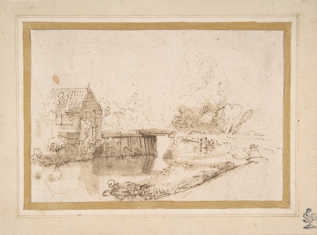 一个制图员坐着的风景`Landscape with a Draughtsman Seated by a River, a Bridge and a Cottage Behind (17th century) by a River, a Bridge and a Cottage Behind by Nicolaes Maes
