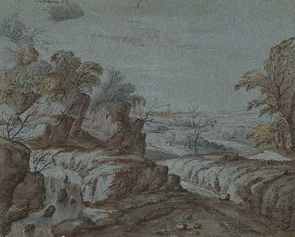 远处可以看到岩石景观`Rocky Landscape with View in Distance (17th century) by Circle of Gillis Neyts