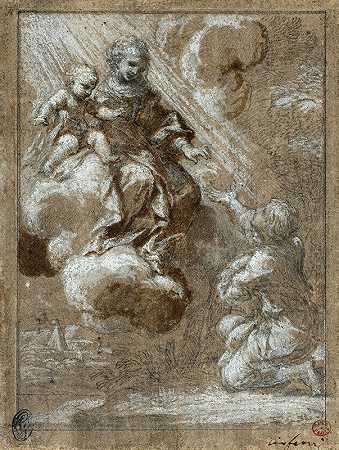 在一个跪着的年轻人面前出现的圣母与荣耀之子`The Madonna and Child in Glory Appearing to a Kneeling Young Man (1655~59) by Ciro Ferri