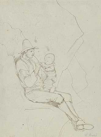 一个坐着的意大利牧羊人，腿上抱着一个小孩`A Seated Italian Shepherd with a Small Child on his lap (ca. 1820) by Franz Theobald Horny