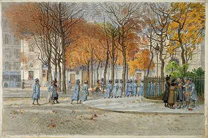 药房，女子学校和市政厅广场`Le dispensaire, lécole des filles et le square de la Mairie (1916) by Félix Brard