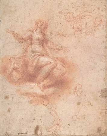 云端上有三个数字的年轻女子`Young Woman on a Cloud with Three Figures (17th century) by Francesco Furini