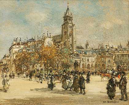 巴黎圣日耳曼广场`Place de Saint~Germain des Prés, Paris by Jean François Raffaëlli