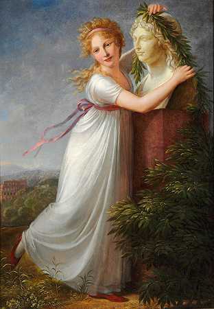 艾达·布伦·加兰德她的母亲半身像`Ida Brun garlanding her mothers bust (1803) by Philipp Friedrich Von Hetsch