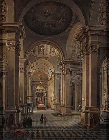 华沙万圣教堂的屋内`Interior of the All Saints Church in Warsaw (1863) by Marcin Zaleski