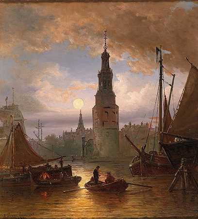 月光下阿姆斯特丹的景色`A view of Amsterdam in the moonlight by Elias Pieter van Bommel