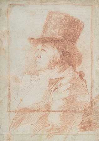 自画像戈雅戴着一顶大礼帽，在画框内朝左`Self~portrait; Goya wearing a top hat facing left within a drawn frame (ca. 1797–98) by Francisco de Goya