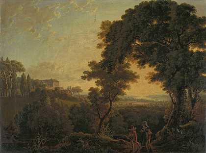 带城堡的丘陵景观`Hilly Landscape with Castle by Peter Birmann