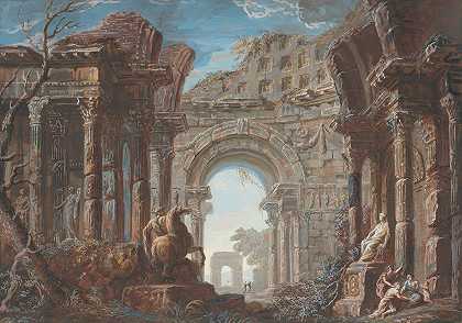 带有纪念性拱门的建筑随想曲`Architectural Capriccio with a Monumental Arch (18th century) by Giovanni Niccolò Servandoni