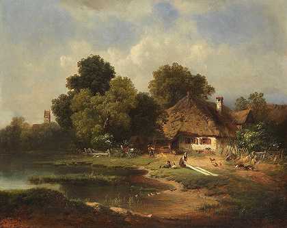 农场景观`Landschaft mit Bauernhof (1855) by Carl Millner