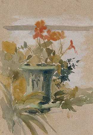 露台上的天竺葵`Pelargoniums on the Terrace (1890 ~ 1899) by Albert Edelfelt