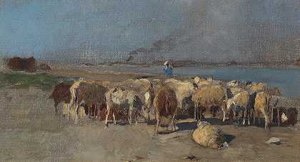 晚上成群的羊`Schafherde am Abend by Eugen Jettel