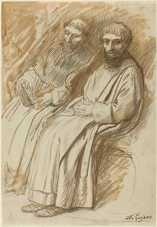 两个僧侣坐在教堂里`Two Monks Seated in a Church by Alphonse Legros