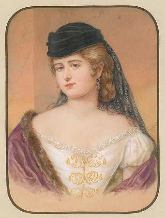 一位戴着黑色帽子和面纱的女士的肖像`Bildnis einer Dame mit schwarzem Hut und Schleier by Emanuel Thomas Peter