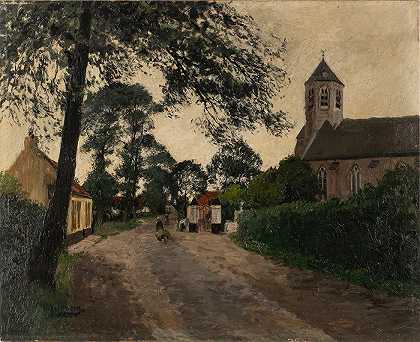 带教堂的乡村街`Village street with church by Olof August Andreas Jernberg
