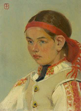 黑色的`Girl From Dačolom (1902–1905) by Emil Pacovský