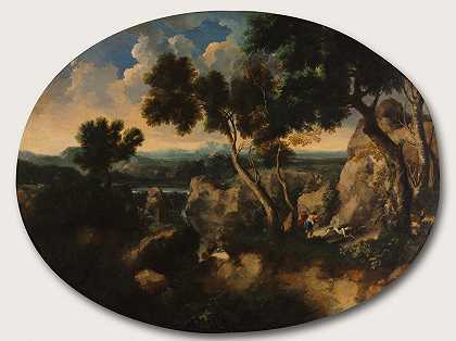 有猎人的岩石景观`Rocky Landscape with Hunters (c. 1635) by Gaspard Dughet
