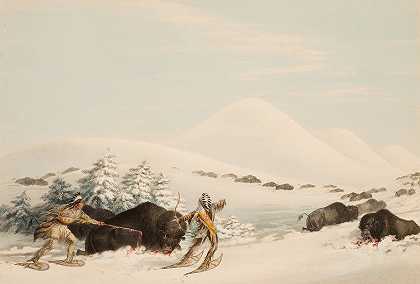 水牛狩猎，穿雪鞋`Buffalo Hunt, On Snow Shoes (1844) by George Catlin