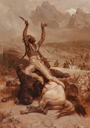 印度勇敢者为被杀熊而欢呼`Indian brave rejoicing over slain bear (1883) by Johannes Adam Simon Oertel