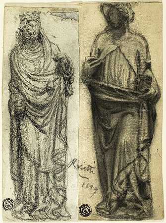 中世纪雕塑研究之二`Two Studies of Medieval Sculpture (1859) by Dante Gabriel Rossetti