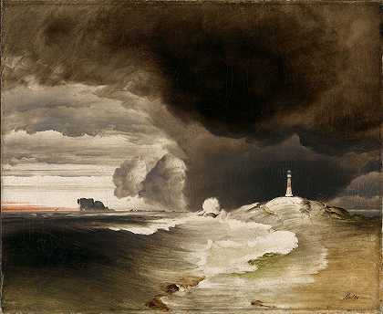 挪威海岸的灯塔`Lighthouse on the Norwegian Coast (Ca. 1855) by Peder Balke