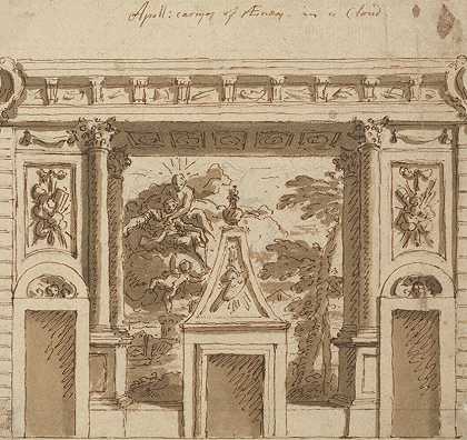 萨里郡罗汉普顿大厦沙龙中的壁画设计阿波罗在云中搭载埃涅阿斯`A Design for a Mural Executed in the Salon at Roehampton House, Surrey; Apollo Carrying off Aeneas in a Cloud (ca. 1715) by Sir James Thornhill