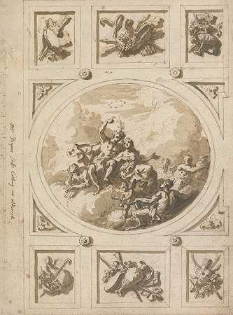Addiscombe的天花板设计巴克斯和阿里阿德涅`Design for a Ceiling at Addiscombe; Bacchus and Ariadne by Sir James Thornhill