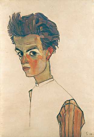 条纹衬衫自画像`Self~Portrait with Striped Shirt (1910) by Egon Schiele