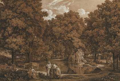 湖边有三个人的拱廊景观`Arcadian Landscape with Three Figures at a Lake (1792) by Johann Christian Reinhart