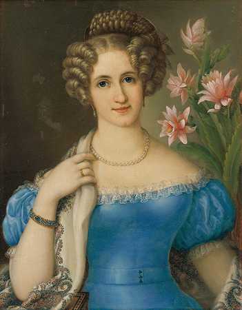一位身穿蓝色连衣裙的年轻女士的肖像`Portrait of a Young Lady in a Blue Dress (1826) by Jozef Ginovský
