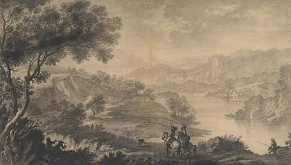 山峦起伏，前景中有两名骑士和其他人物`Hilly Landscape with Two Cavaliers and Other Figures in the Foreground (1632–90) by Romolo Panfi