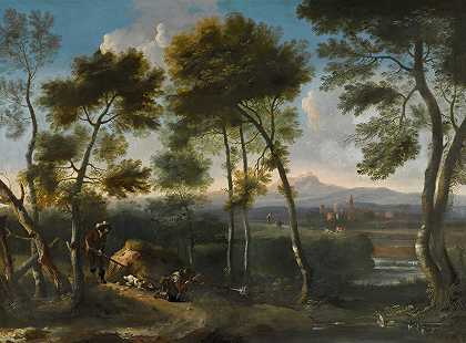 意大利人喜欢猎人射杀鸭子的风景`Italianate landscape with hunters shooting ducks by Angeluccio
