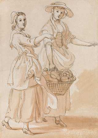 两个女孩提着一个篮子`Two Girls Carrying a Basket by Paul Sandby