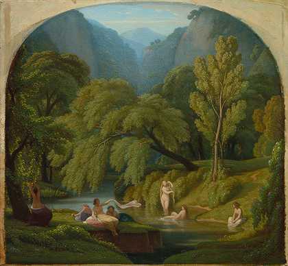 游泳者，Tivoli Anio河岸的纪念品`The Bathers, Souvenir of the Banks of the Anio River at Tivoli (c. 1860~1861) by Théodore Caruelle d;Aligny