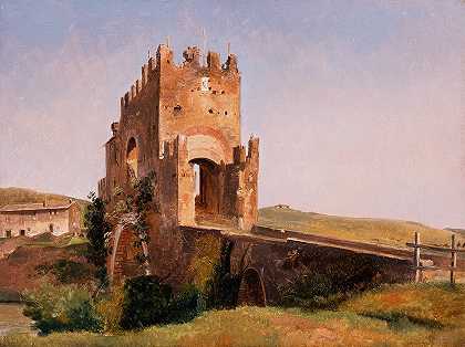 诺曼塔诺桥（罗马坎帕尼亚）景观`View of the Ponte Nomentano (Roman Campagna) (circa 1837) by Pierre-Nicolas Brisset