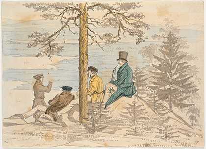 四个人从霍尔梅科伦那里观看风景`Fire mænd betragter udsigten fra Holmekollen (1829 ~ 1830) by Martinus Rørbye