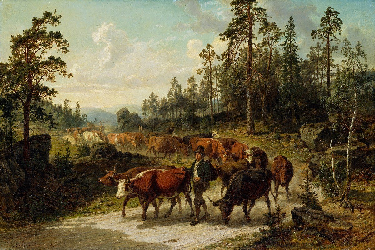 在Små土地上赶牛`Driving Cattle in Småland (1863) by Nils Andresson
