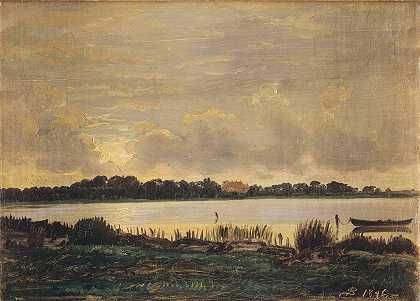 从普罗斯特湾眺望尼索庄园`View Across Præstø Fiord towards the manor of Nysø (1845 ~ 1846) by P. C. Skovgaard