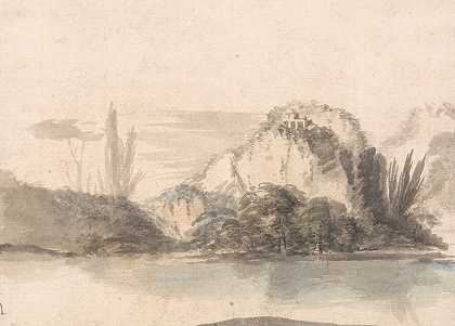 一座寺庙坐落在湖对岸的岩石露头上`A Temple Perched on a Rocky Outcrop Seen Across a Lake (ca. 1767) by Alexander Runciman