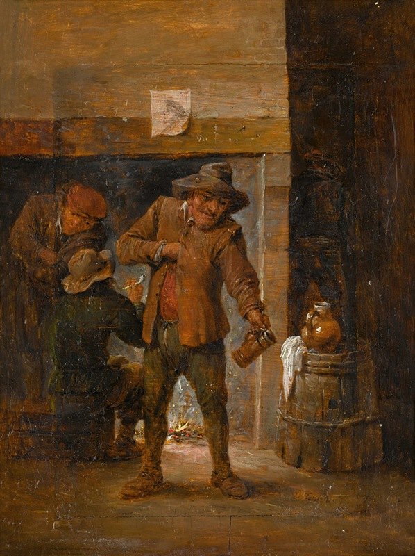 酒馆屋内有人在壁炉旁`Tavern interior with men at a hearth by workshop of David Teniers the Younger