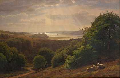 从马里亚格附近的维斯特斯科夫眺望在峡湾的背景下`Udsigt fra Vesterskov ved Mariager; i baggrunden fjorden (1869) by Godtfred Rump