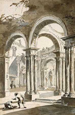 部分损毁的柱廊，带有人物`A Colonnade, Partly Ruined, with Figures (ca. 1780–90) by Francesco Guardi