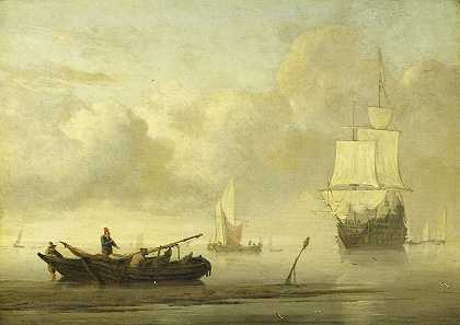 平静时期靠近海岸的船只`Ships near the Coast during a Calm (c. 1650 ~ c. 1707) by Willem van de Velde the Younger